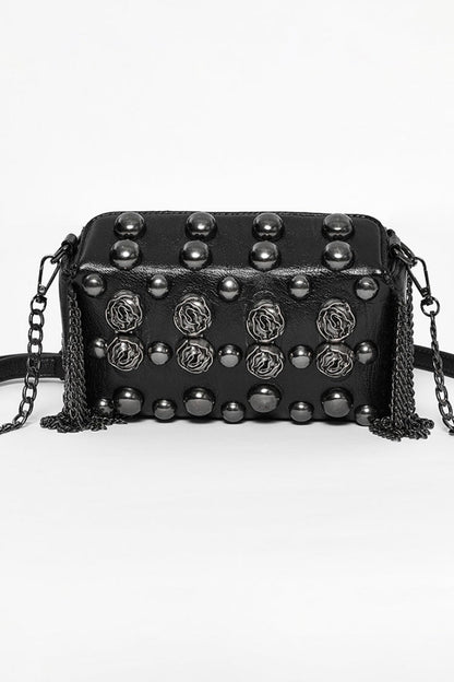 Black Beaded Rose Rivet Women's Gothic Faux Leather Clutches