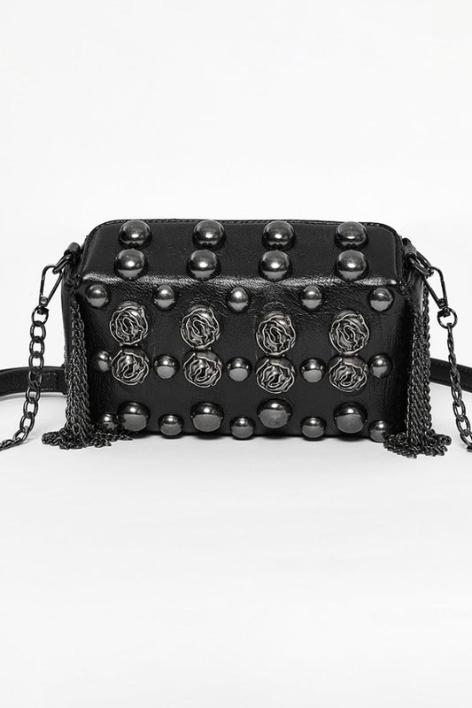 Black Beaded Rose Rivet Women's Gothic Faux Leather Clutches