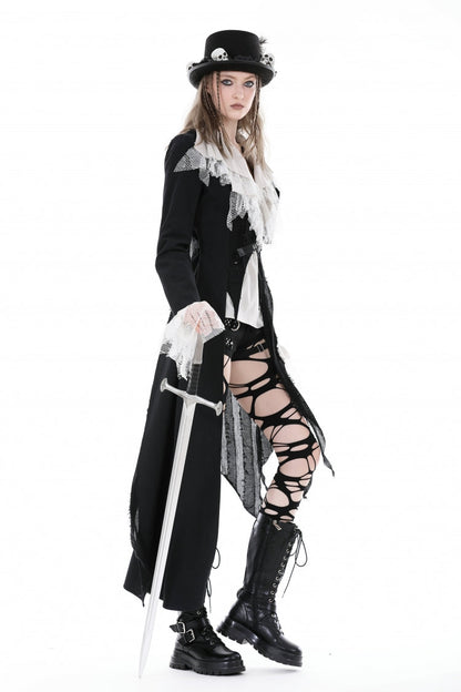 Black Peak Lapel Collar Long Sleeves Irregular Distressed Women's Gothic Punk Coat with Belt
