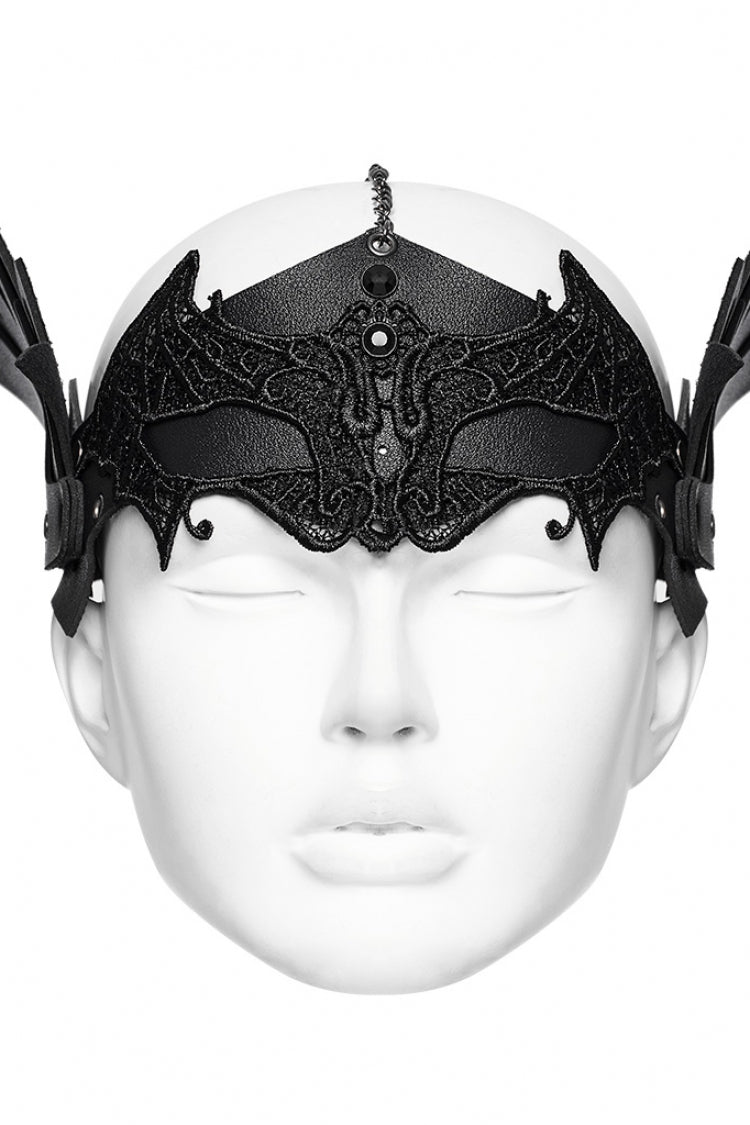 Black Artificial Leather Stitching Bat Shaped Lace Tassel Women's Steampunk Chain Mask