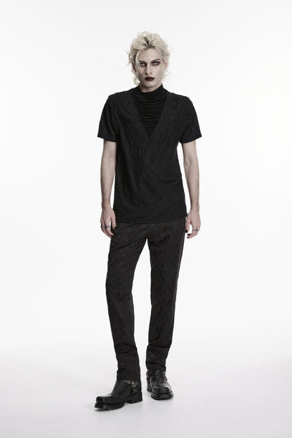Black High Collar Short Sleeves Spliced Pleated Men's Gothic Shirt