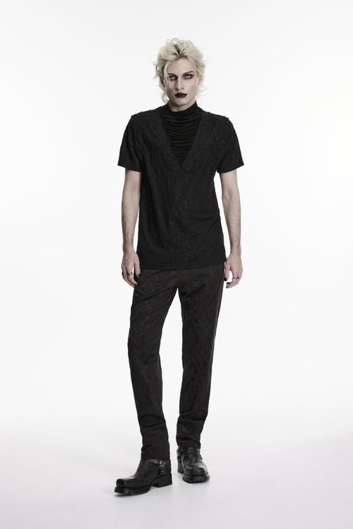 Black High Collar Short Sleeves Spliced Pleated Men's Gothic Shirt
