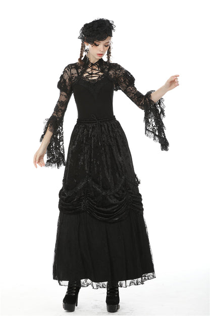 Black Long Puff Sleeves Sheer Floral Lace Lace-Up Women's Gothic Cape
