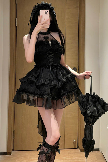 Black Halterneck Triple-Layered Bowknot Lace Gothic Lolita Jsk Dress