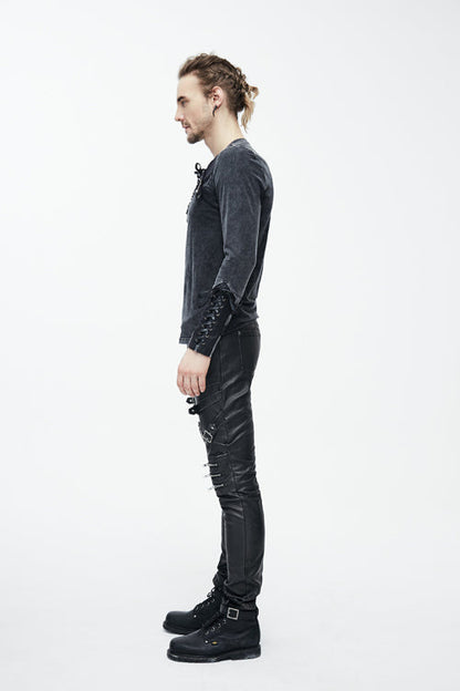 Black Faded Long Sleeves Lace Up Mens Punk T-Shirt