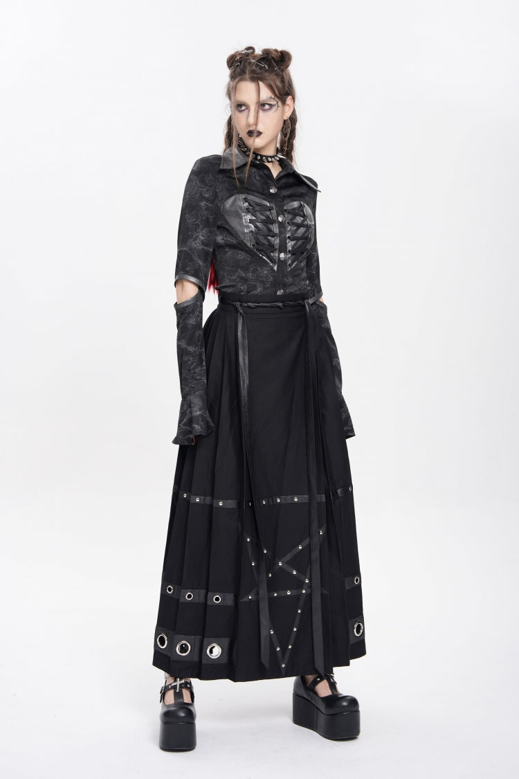 Black Lapel Collar Long Sleeves Print Lace-Up Cutout Women's Punk Blouse
