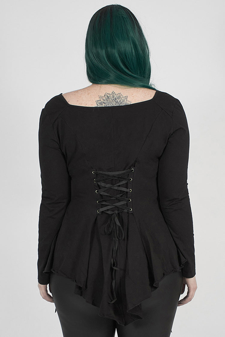 Black Big Round Collar Front Chest Decals Long Sleeve Back Waist Lace-Up Frill Hem Plus Size Women's Gothic T-Shirt