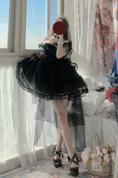 Black Multi-Layered Ruffled Hanayome Bow Pearl-Decorated Gothic Lolita Jsk Dress Full Set 2 Versions