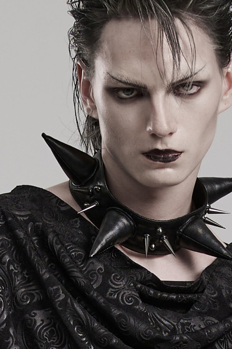 Black Cracked Leather Metal Nail Decoration Men's Steampunk Pointed Choker