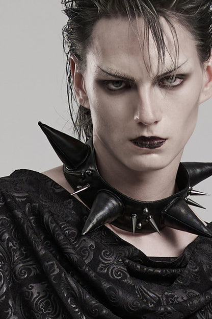 Black Cracked Leather Metal Nail Decoration Men's Steampunk Pointed Choker