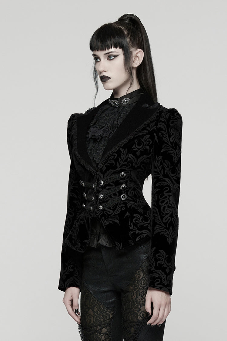 Black Lapel Collar Long Sleeves Lace-Up Zipper Women's Punk Coat