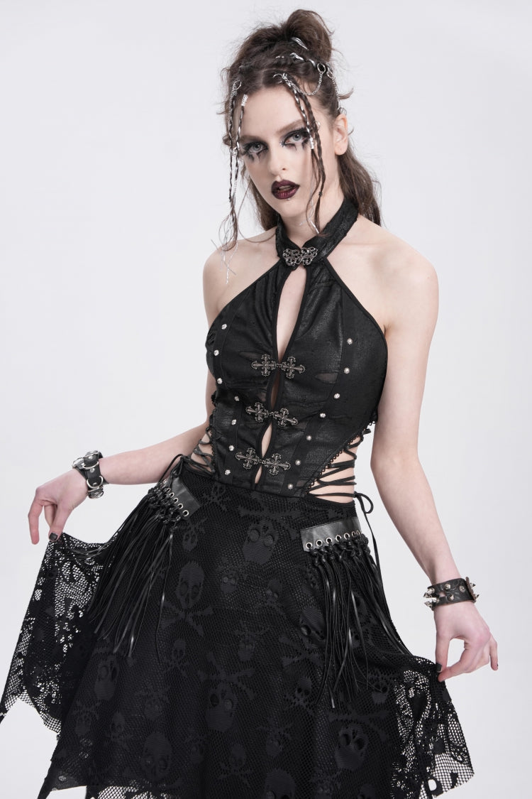 Black Halterneck Sleeveless Skull Print Irregular Women's Punk Dress