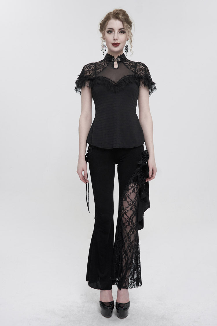 Black Chinese Style V-Neck Nail Drill Chest Stitching Mesh Raglan Sleeves Gothic Cheongsam Style Women's Slim T-Shirt