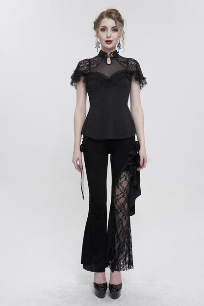 Black Chinese Style V-Neck Nail Drill Chest Stitching Mesh Raglan Sleeves Gothic Cheongsam Style Women's Slim T-Shirt
