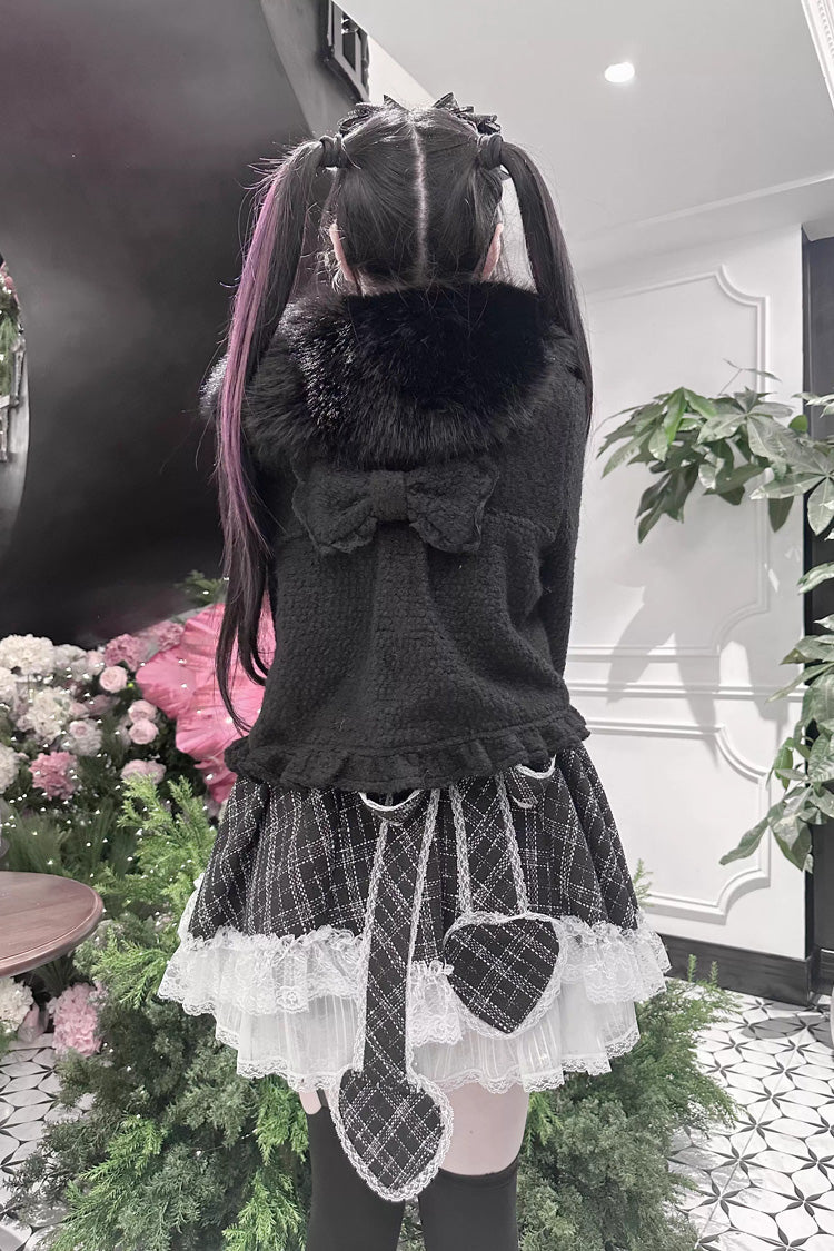 Black Long Sleeves Bow Sheep Wool Gothic Jirai Kei Japanese Short Coat
