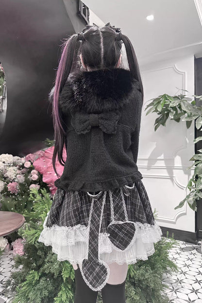 Black Long Sleeves Bow Sheep Wool Gothic Jirai Kei Japanese Short Coat