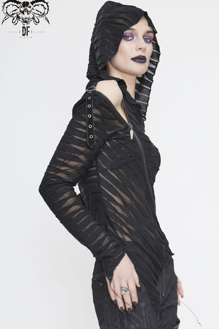 Black Hooded Three-Dimensional Twisted Knitted Inclined Zipper Irregular Hem Women's Punk Shirt