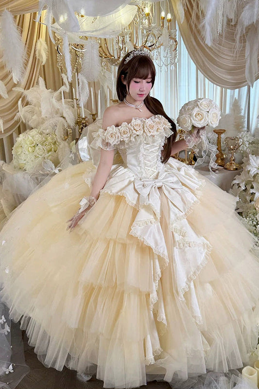 Apricot [Heart’s Beloved Rose] Sleeveless Ruffled Hanayome Bow Lace Lace-Up Sweet Lolita Jsk long Dress