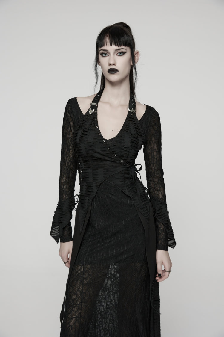 Black Off Shoulder Halterneck Long Trumpet Sleeves Hanayome Lace Lace-Up Women's Punk Dress
