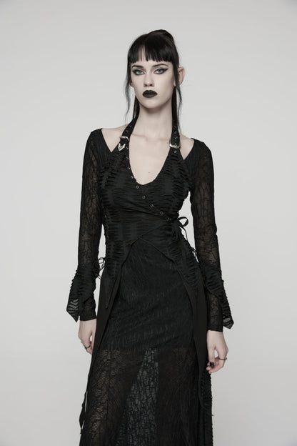 Black Off Shoulder Halterneck Long Trumpet Sleeves Hanayome Lace Lace-Up Women's Punk Dress