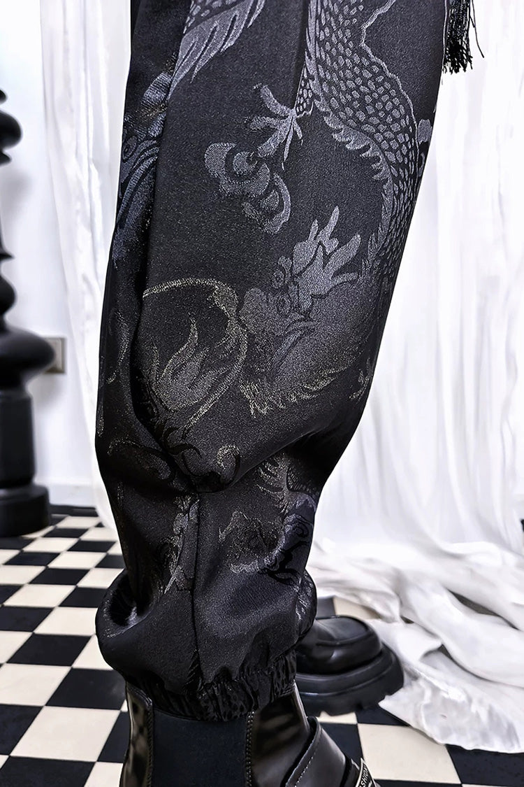 Black Dragon-Pattern Jacquard Printed Ouji Gothic Chinese Style Handsome Lolita Tassel Pants