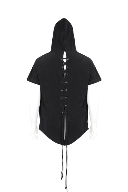 Black Hooded Mesh Splice Zipper Back Openwork Lace-Up Casual Short Sleeve Men's Punk T-Shirt