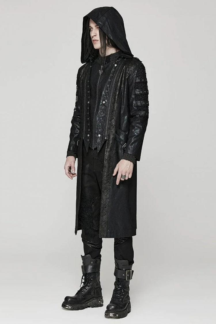 Black Crackled Mesh Hollow Stitching Hooded Mens Steampunk Coat