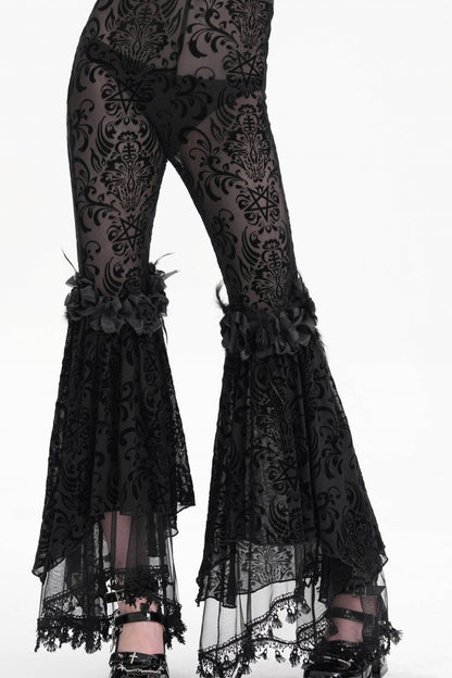 Black Embroidery Lace Sheer Mesh Tassels Women's Gothic Pants
