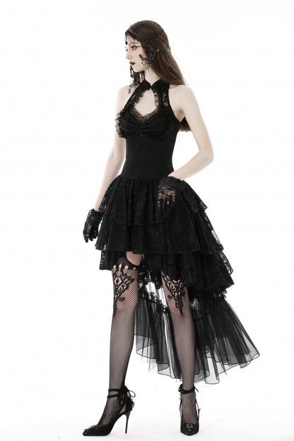 Black Off Shoulder Halterneck Sleeveless Irregular High Low Multi-Layered Lace Women's Gothic Dress