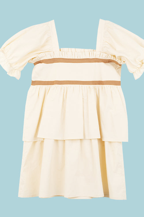 Beige Vintage Square Collar Ruffled Short Sleeves Cartoon Bear Print High Waisted Sweet Lolita Dress