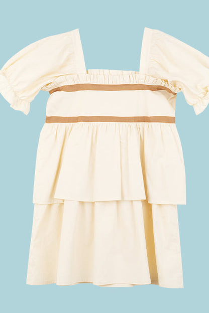 Beige Vintage Square Collar Ruffled Short Sleeves Cartoon Bear Print High Waisted Sweet Lolita Dress