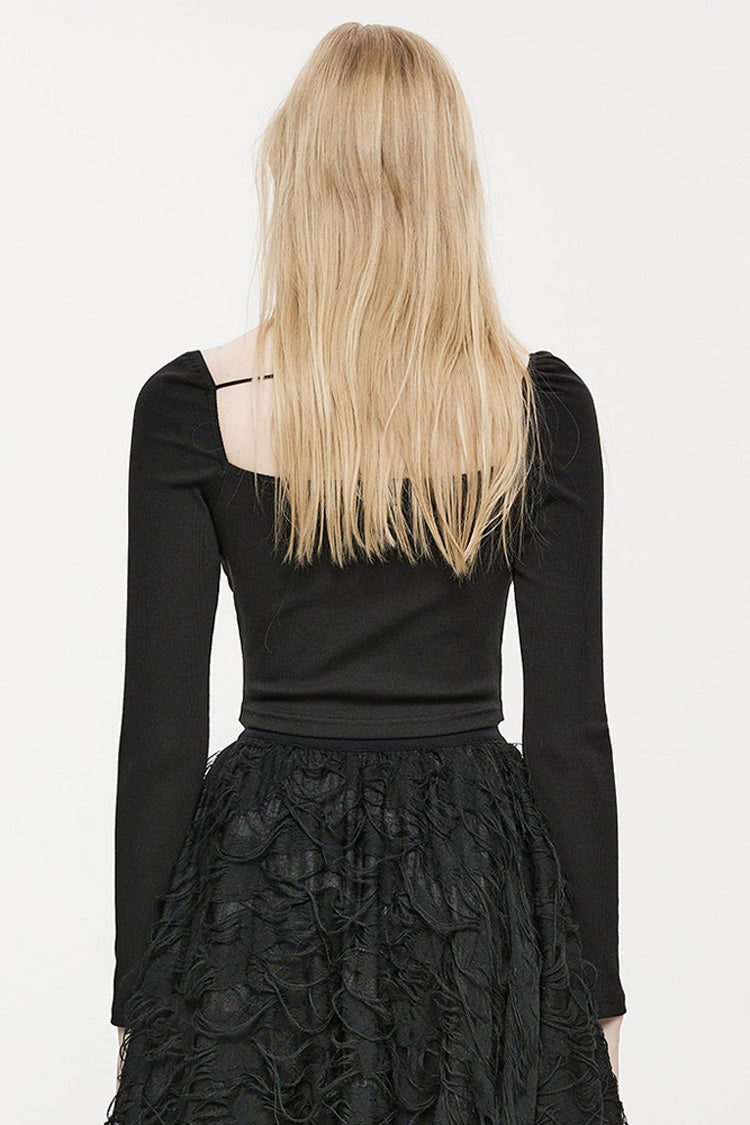 Black Elastic Square Neck Curved Split Butterfly Button Women's Gothic T-Shirt
