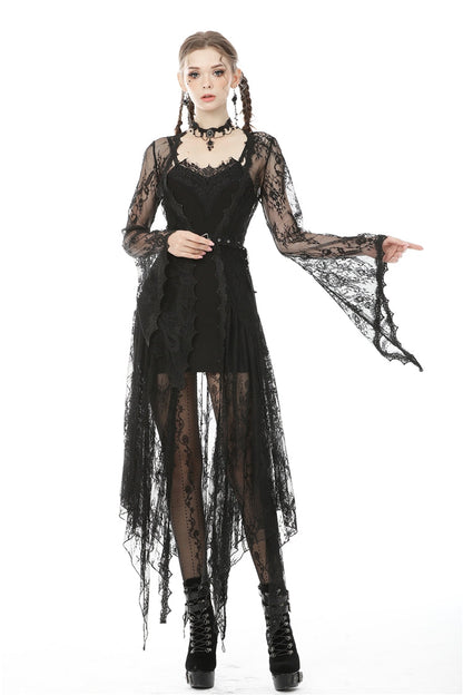 Black Long Trumpet Sleeves Sheer Floral Lace Women's Gothic Maxi Cloak with Belts