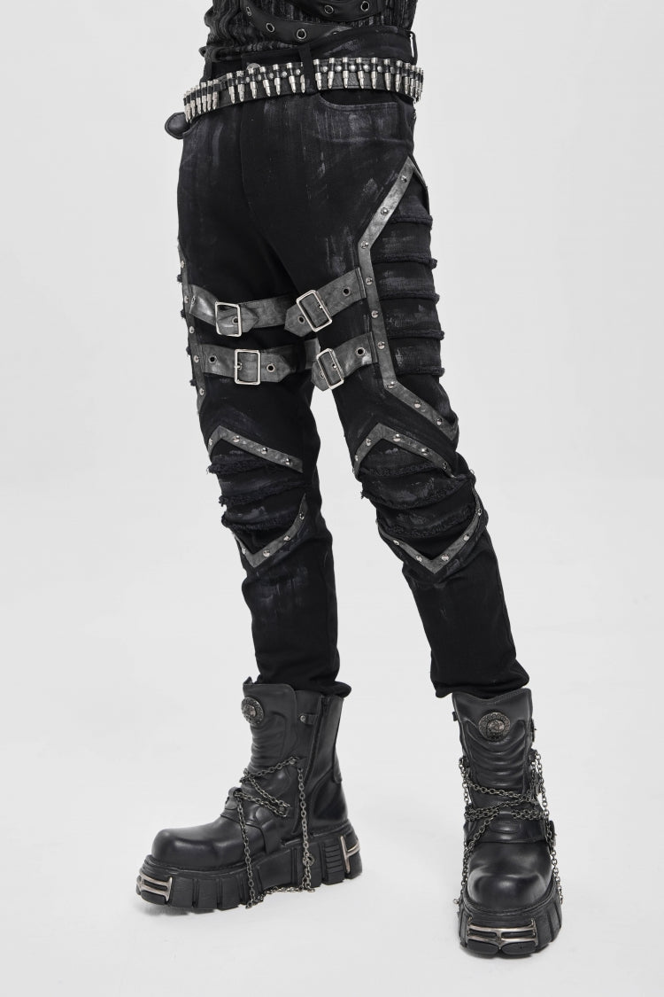 Black Buckle Straps Pleated Men's Punk Pants