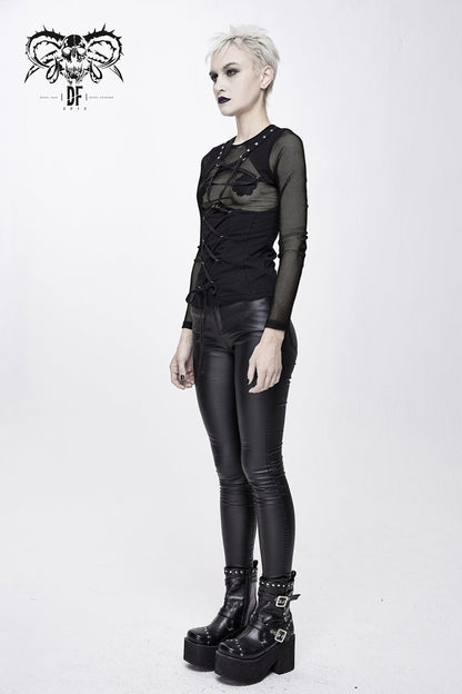 Black Chest Perspective Pentagram Lace Up Mesh Tight Women's Punk T-Shirt