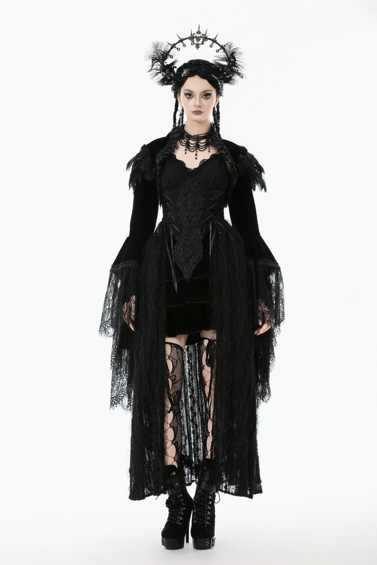 Black Lace Spliced Velvet Long Flared Sleeves Floral Feather Women's Gothic Cape