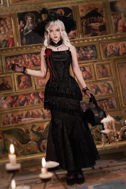Black  [Letters & Poems · Twilight] Multi-Layered Jacquard Ruffled Witch Gothic Lolita Skirt 2 Versions