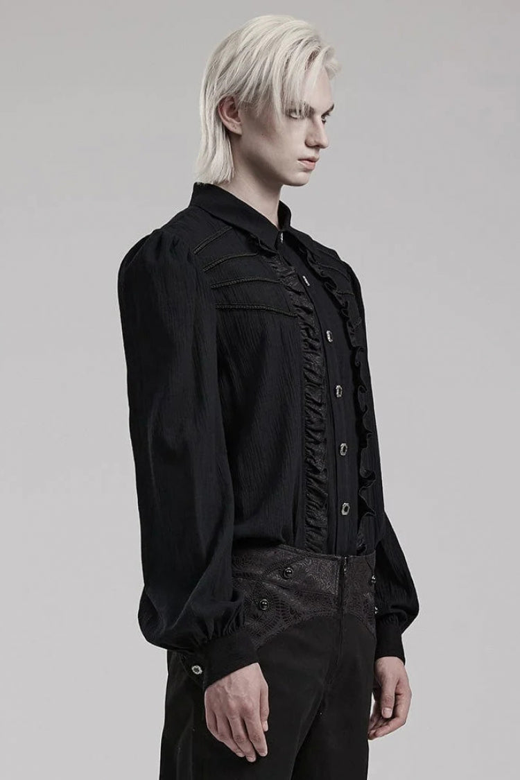 Black Hand-Stitched Button Pleated Long Puff Sleeves Ruffle Mens Gothic Blouse