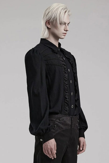 Black Hand-Stitched Button Pleated Long Puff Sleeves Ruffle Mens Gothic Blouse
