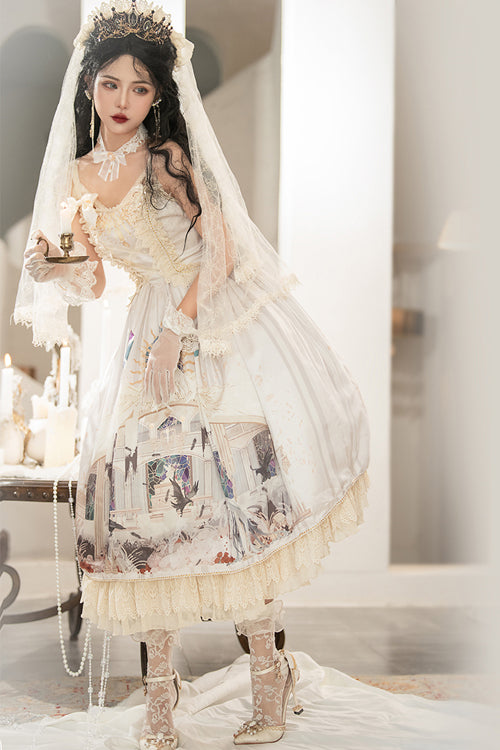 Beige Elegant Vintage Gorgeous Hymn Print High Waisted Sweet Lolita JSK Dress