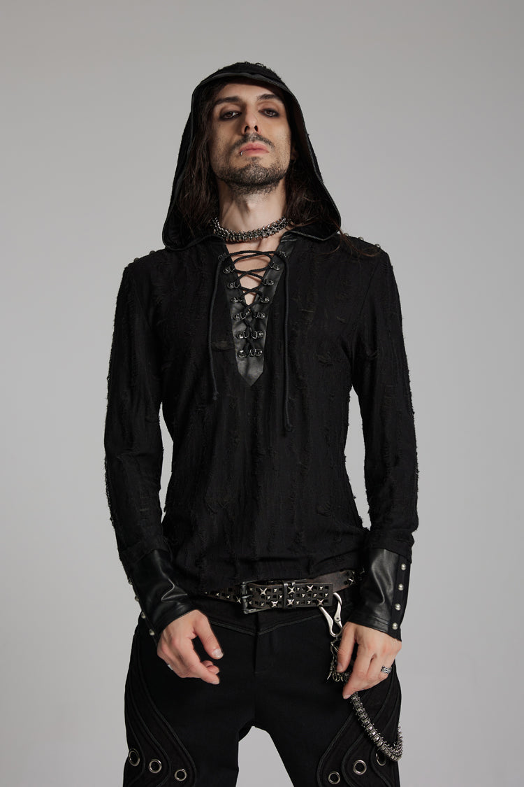 Black Long Sleeves Lace-Up Hooded Studs Eyelets Men's Punk T-Shirt