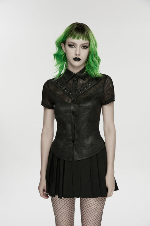Black Lapel Collar Short Sleeves Lace-Up Mesh Eyelet Women's Punk Blouse