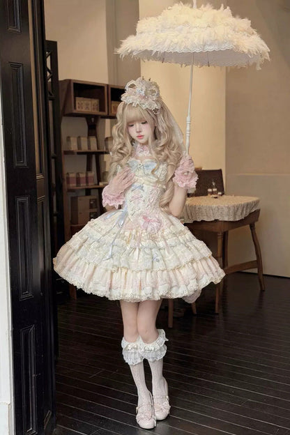 Apricot/Pink [Cloudwhale Dreamweaver] Square Collar Multi-Layered Ruffled Bow Lace Sweet Lolita Jsk Dress