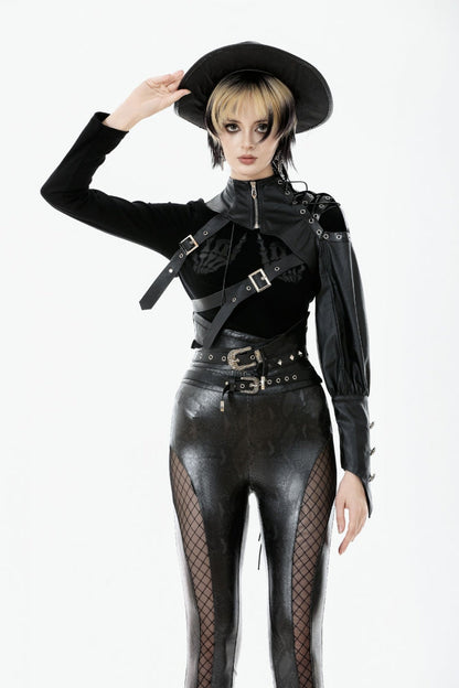 Black Cut-Out Asymmetric Buckled Zippered Women's Punk Cape