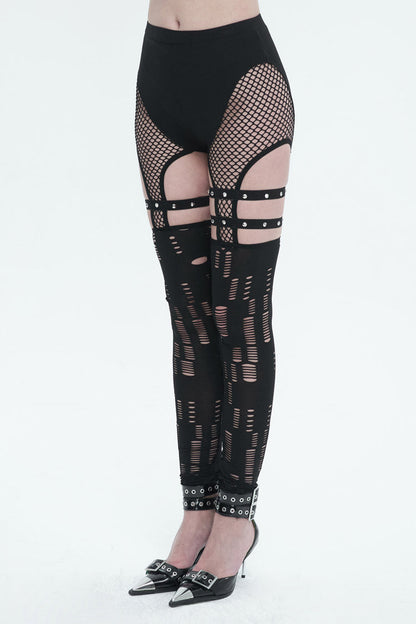 Black Elastic Asymmetrical Hole Knit Stitching Mesh Women's Punk Leggings