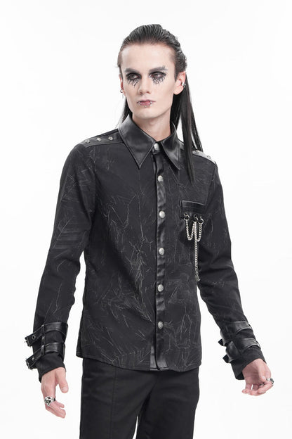 Black Lapel Collar Long Sleeves Buckle Chain Men's Gothic Blouse