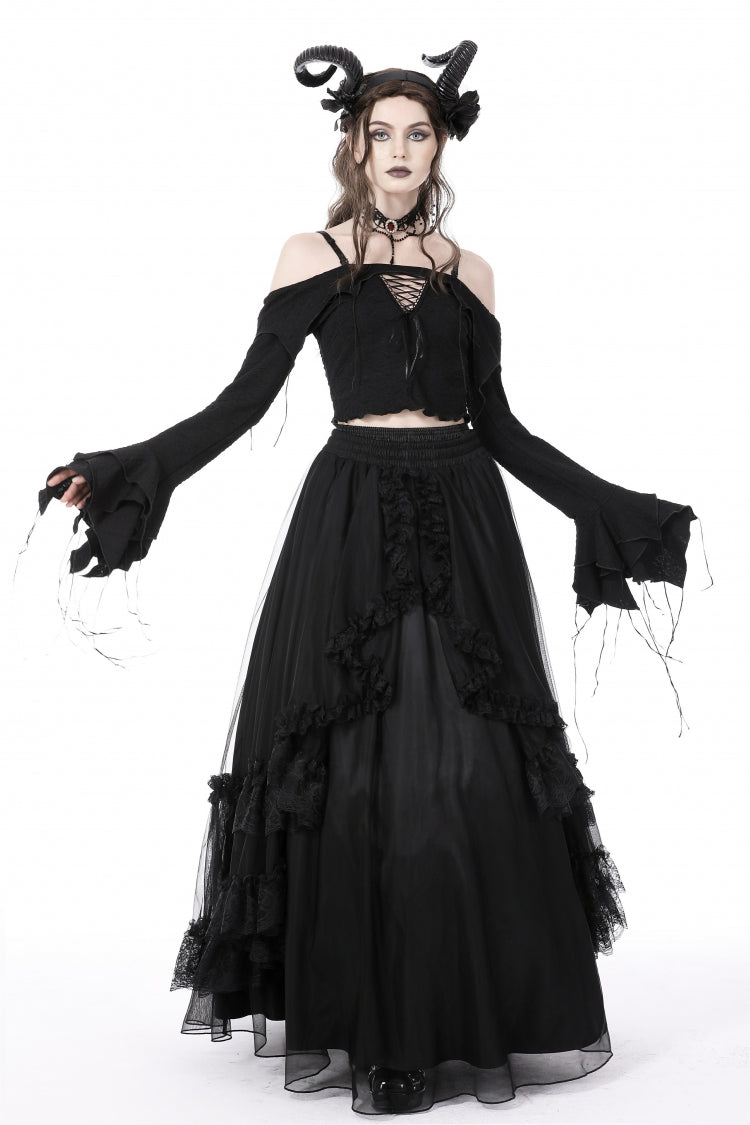 Black Off Shoulder Long Trumpet Sleeves Lace-Up Women's Gothic Sexy Crop Top
