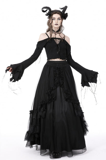Black Off Shoulder Long Trumpet Sleeves Lace-Up Women's Gothic Sexy Crop Top