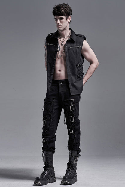 Black Metal Buckle Bandage Hollow Stitching Irregular Ripped Men's Gothic Pants