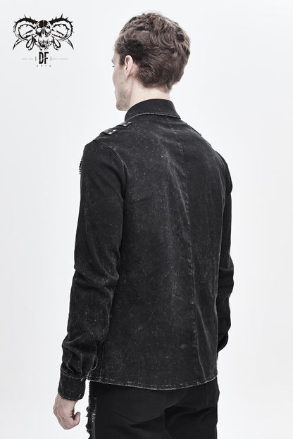 Black Asymmetric Left Shoulder Loop Mesh Rivet Snap Button Men's Punk Shirt